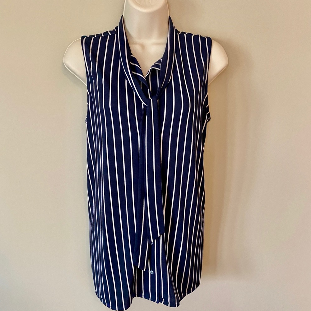 Ann Taylor Striped Tie Neck Sleeveless Blouse S
